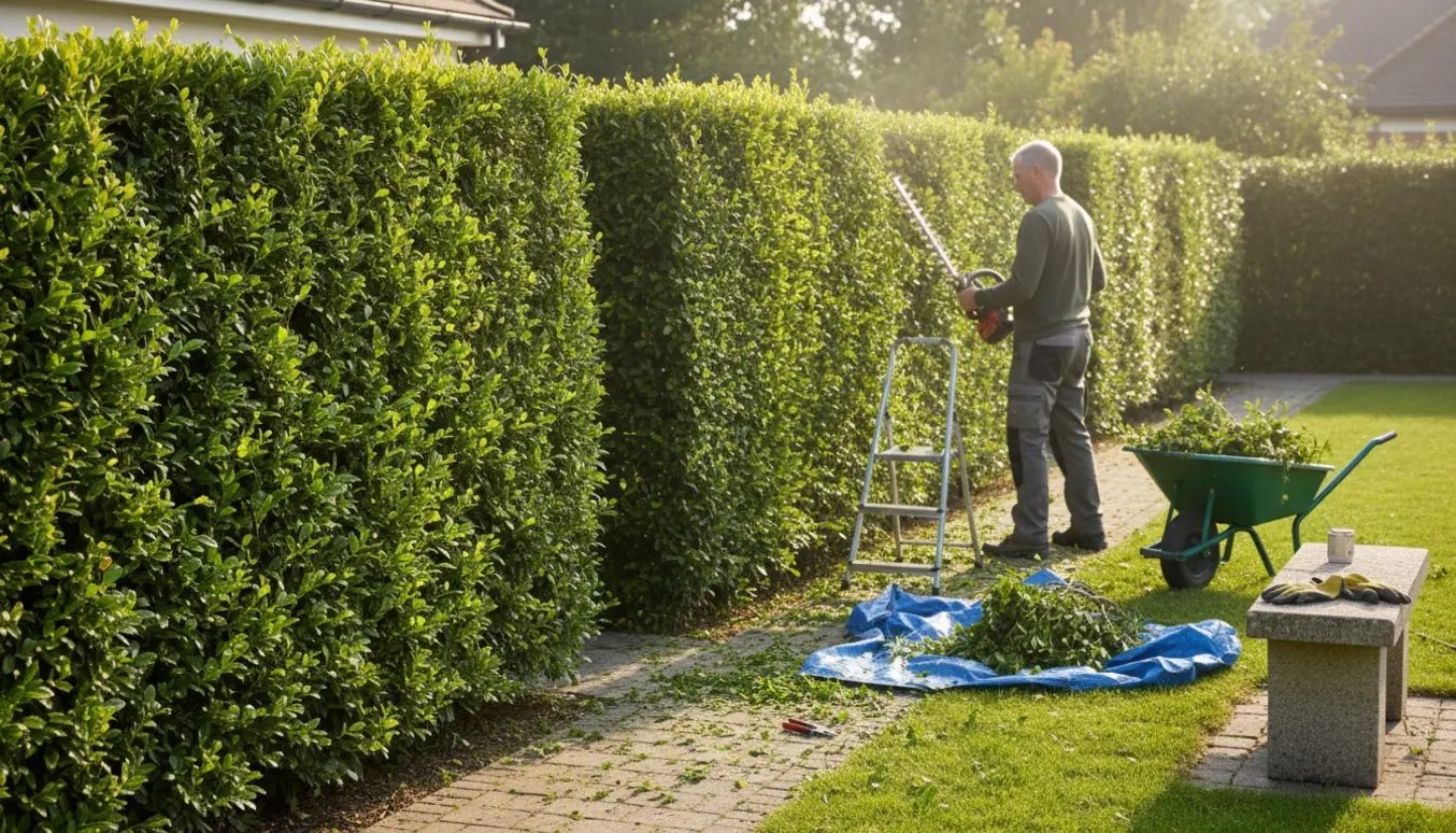 Gartner trimmer en lang ligusterhæk med elektrisk hækkeklipper, afklip samlet i en trillebør.