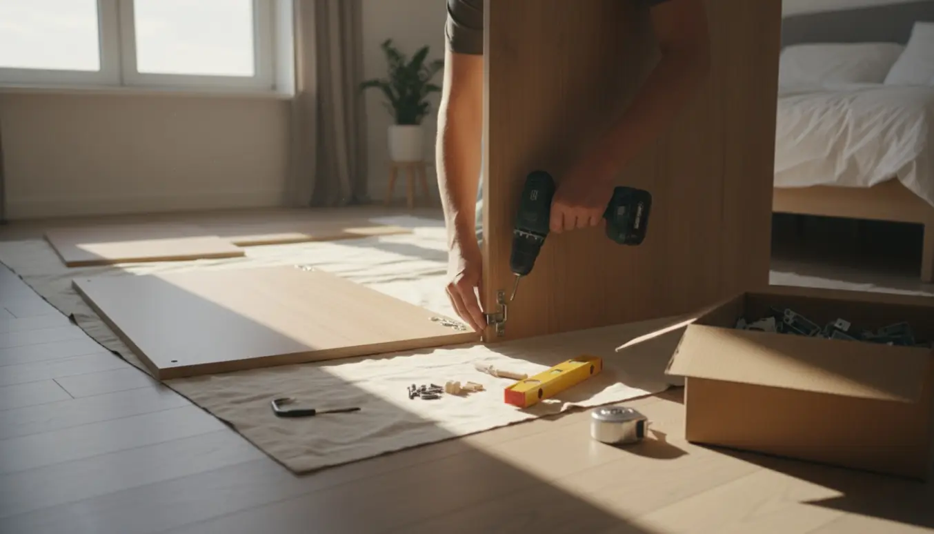 Nærbillede af hænder, der samler et garderobeskab med værktøj og plader i naturligt lys.