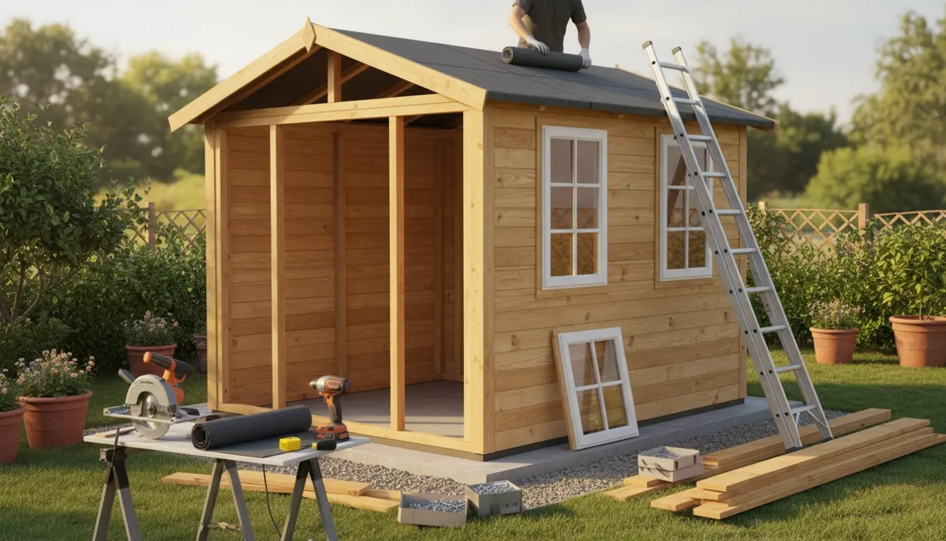 Lille træskur under opbygning i haven med byggematerialer og tagpap klar til montering.