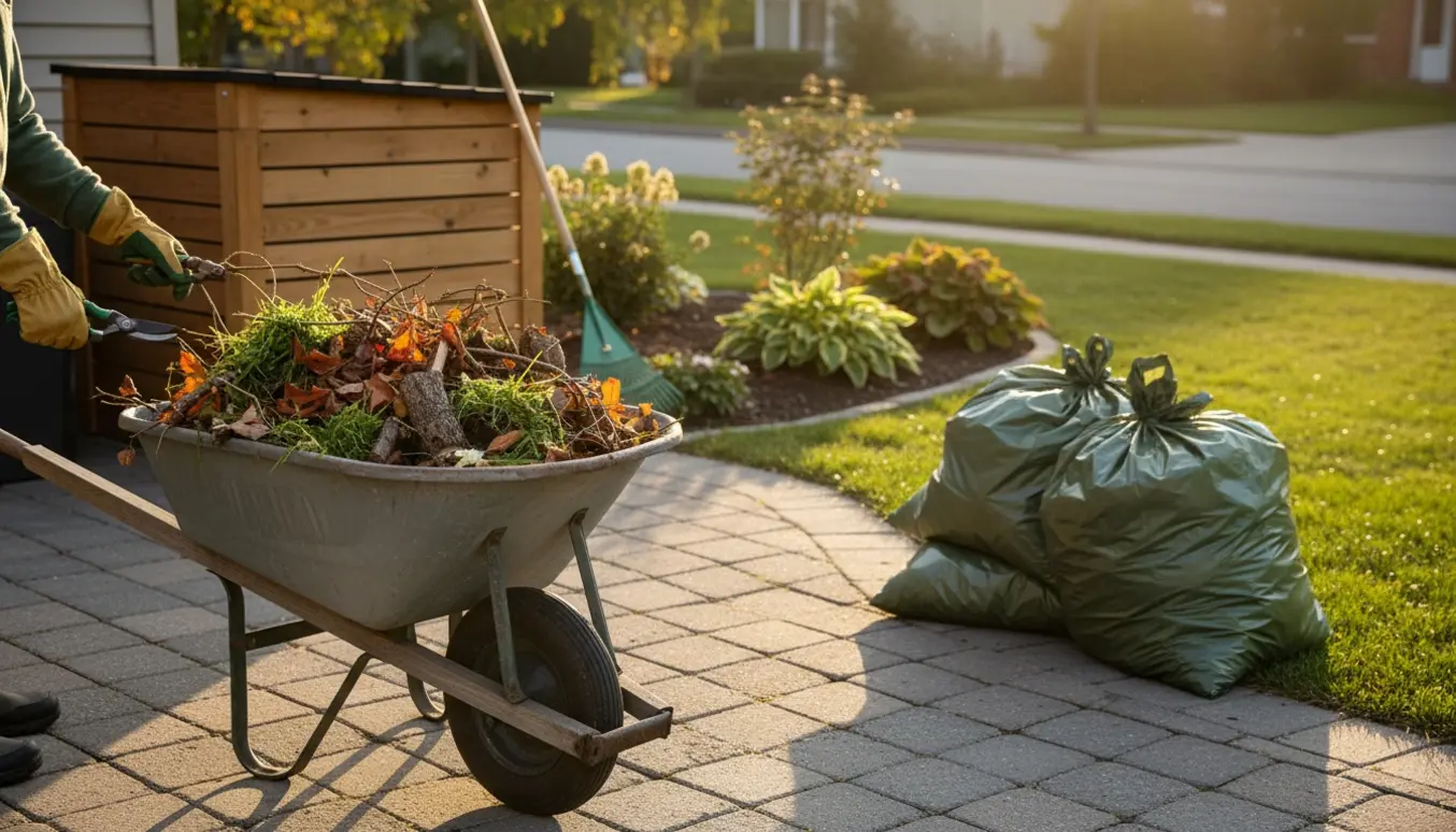 Skubkærre og grønne haveaffaldsposer fyldt med grene og blade klar til fjernelse.