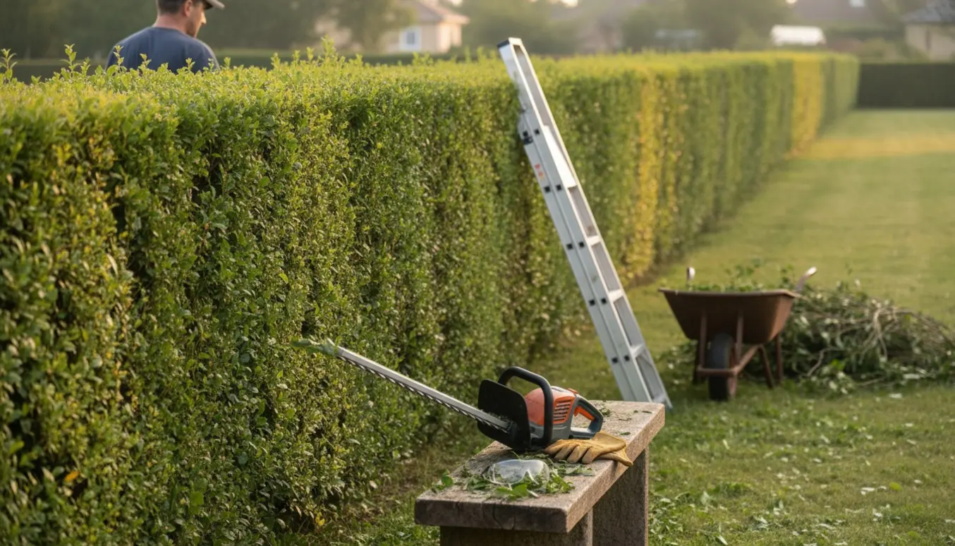 Lang nyklippet hæk i en have med beskæringsværktøj, stige og en trillebør fyldt med afklip.