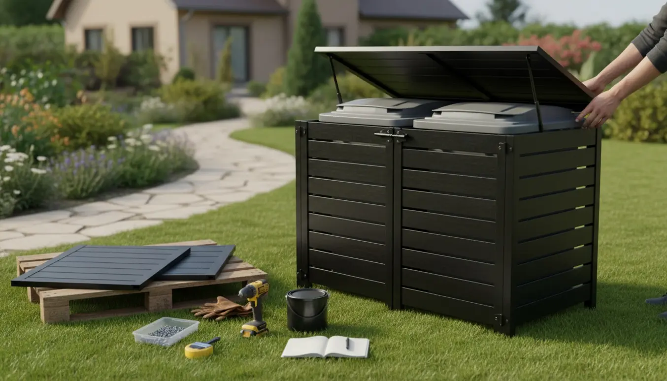Sort skraldespandsskjul stående på græs med materialer og værktøj ved siden af.