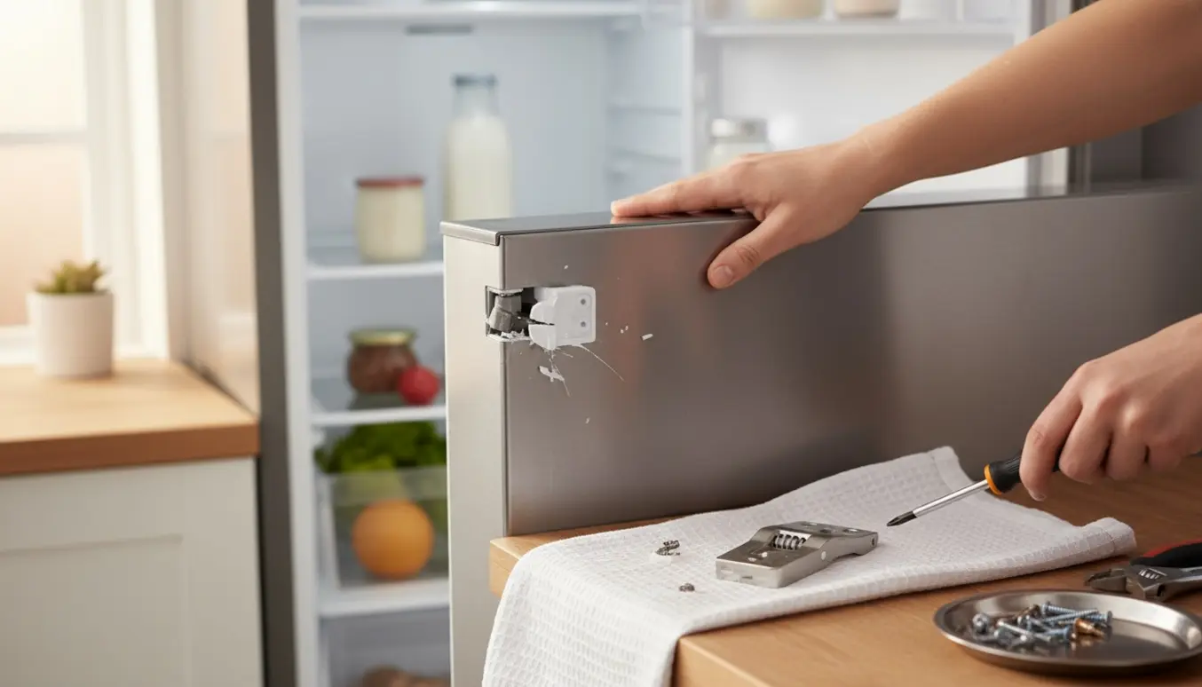 Øverste køleskabshængsel er ødelagt og repareres med værktøj på køkkenbordet.