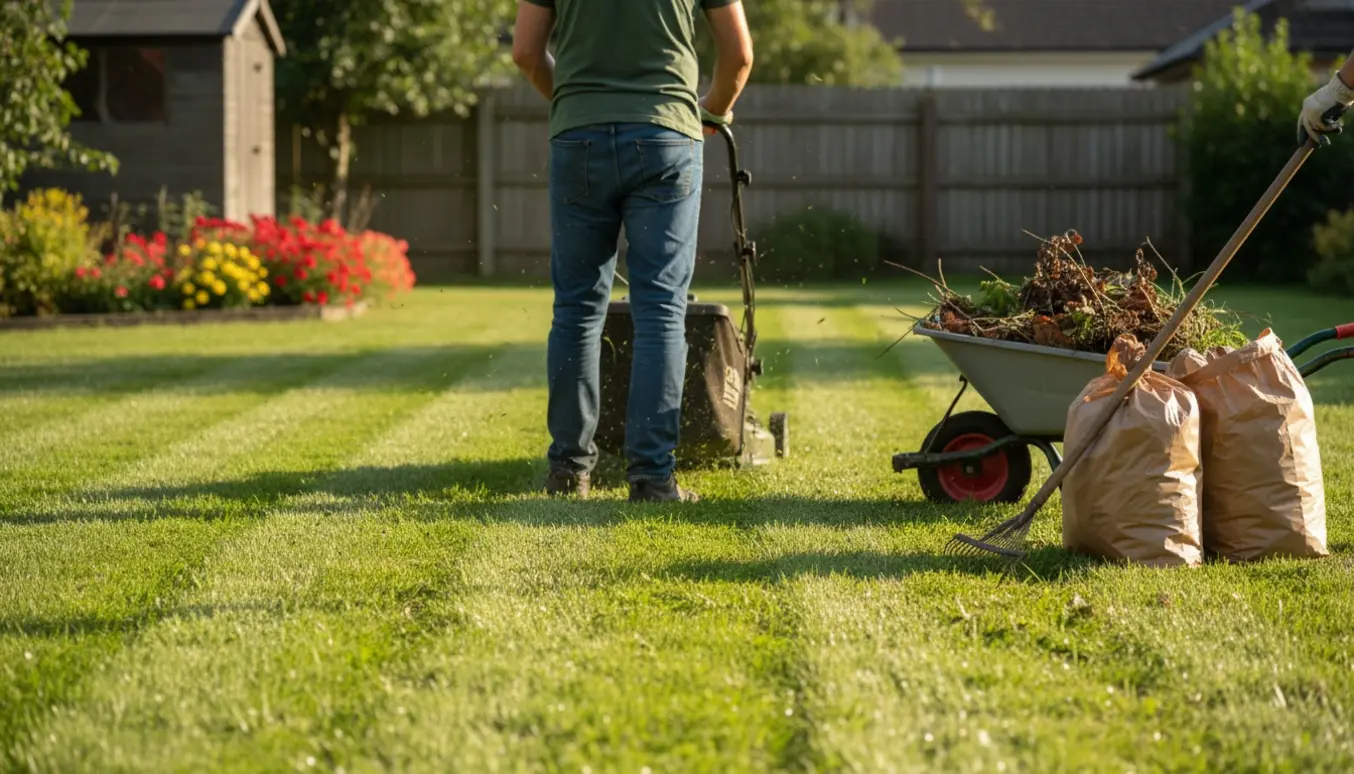 En person slår græs med en plæneklipper og samler haveaffald i en trillebør på en solrig forhave.