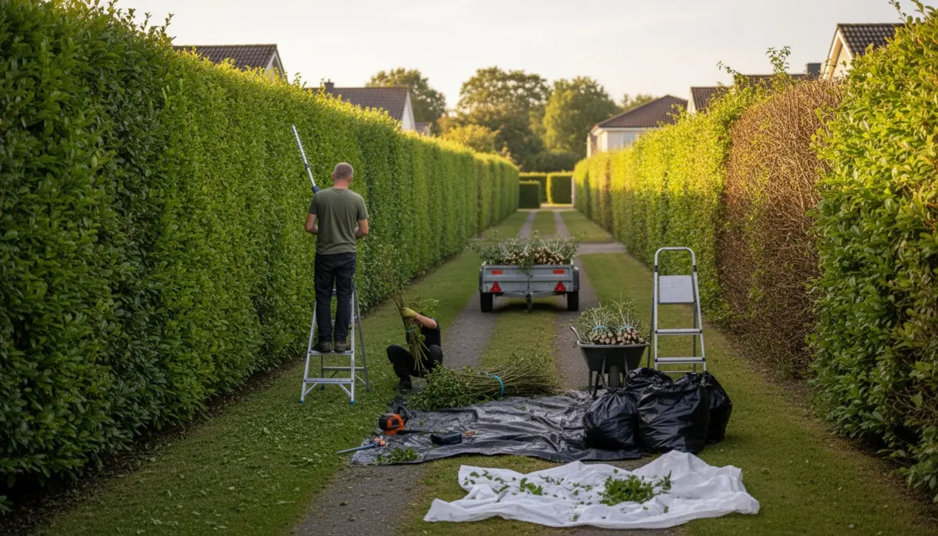 Lang, ca. 2,5 m høj hæk klippes professionelt langs en boligvej med bundter af afklip klar til bortkørsel.