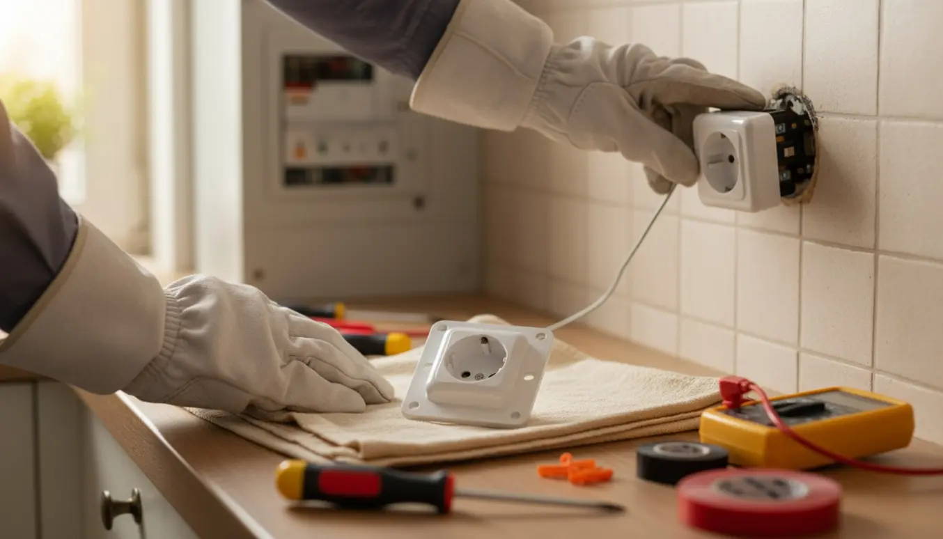 Hænder i isolerede handsker udskifter en kortsluttet stikkontakt i et køkken med værktøj og en spændingstester på bordet.