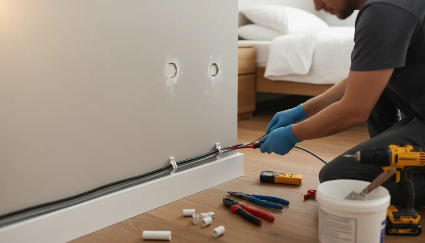 En elektriker lægger nye kabler langs vægkanten efter fjernelse af to el-rør.