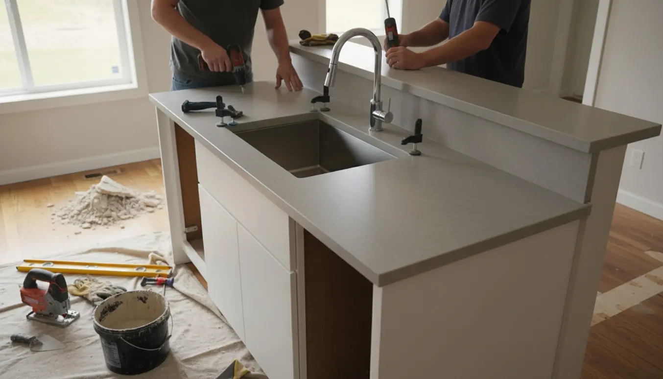 Nyt køkkenbord sættes op med vask og armatur, halv mur er fjernet og gulvhuller lappet.