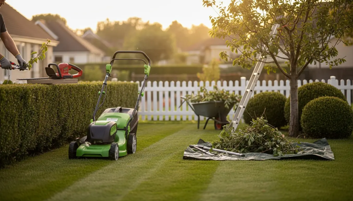 Mediumstor have med nyslået græs, nyklippet hæk og beskårne buske med værktøj og afklip i forgrunden.