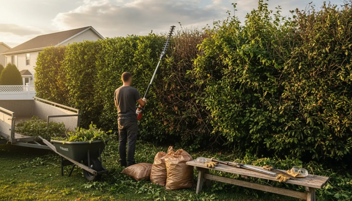 En havearbejder klipper en høj, vildtvoksende hæk med teleskop-hækkeklipper, mens bunker af afklip og fyldte poser står klar til bortskaffelse.