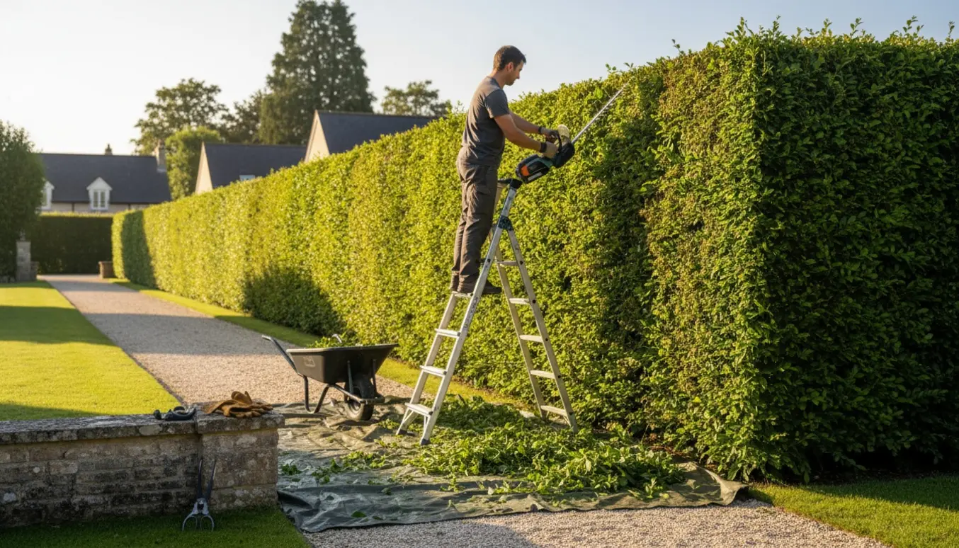 Person trimmer en ca. 20 m lang og 2,5 m høj hæk langs en solbelyst havegang med hækkeklipper og opsamlet afklip.