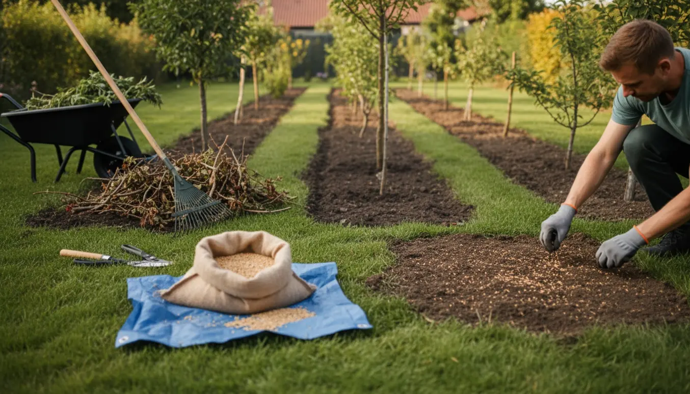 Rydning af hække og bede med haveredskaber og nysået græs i blødt dagslys.