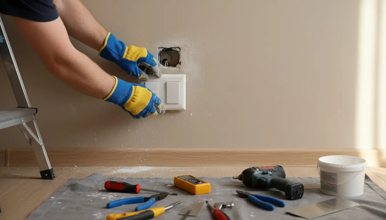 Hænder flytter en lyskontakt fra midten af væggen til et lavere sted, med værktøj og en repareret væg omkring.