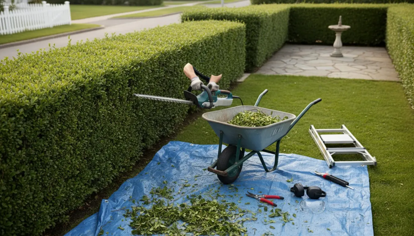 Beskåret hæk under klipning med en hækkeklipper, afklip samlet i en trillebør og på presenning.