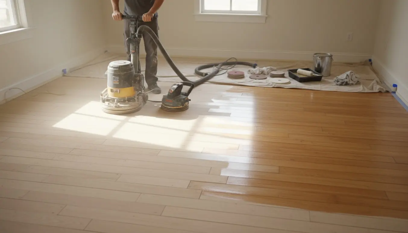 Gulv under slibning og efterbehandling med synlig forskel mellem råt slebet træ og nyslebent, olieret gulv.