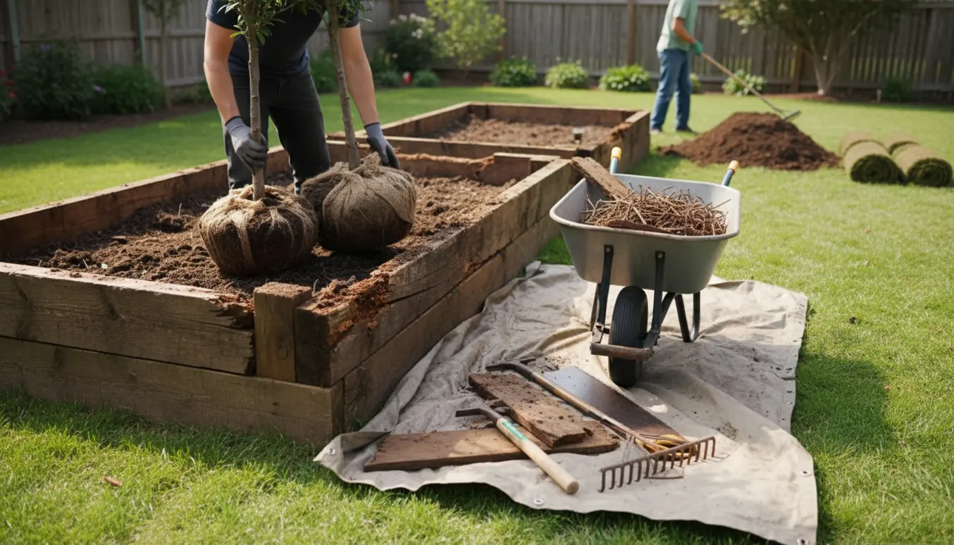 Et rådnet træ-højbed fjernes i haven, to små træer løftes ud, og jorden klargøres til ny græsplæne.
