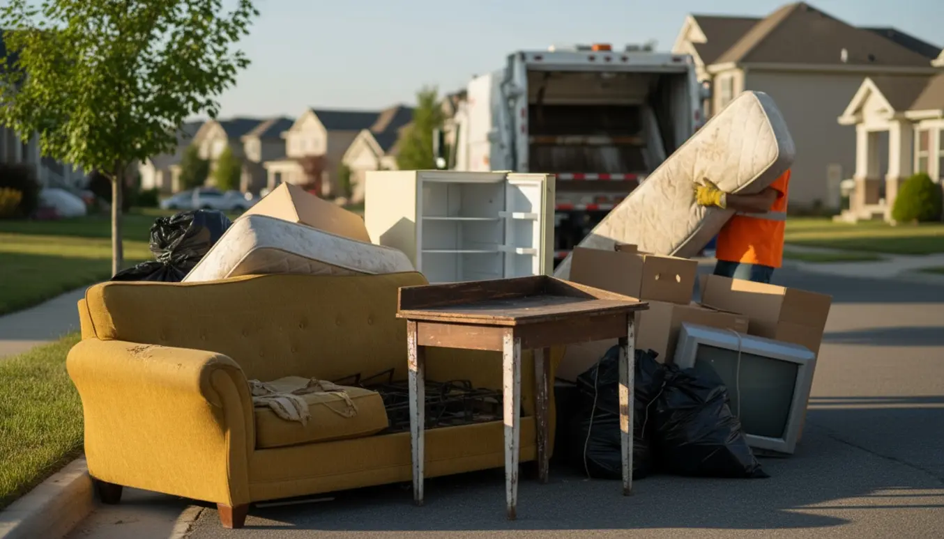 Storskrald på fortovet med møbler og hvidevarer klar til afhentning.
