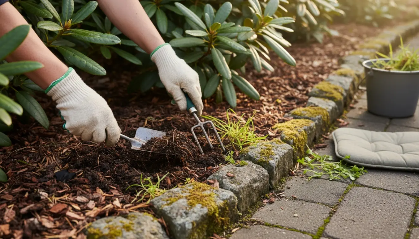 Hænder fjerner ukrudt fra et rododendronbed og renser græs fra stenkanter.