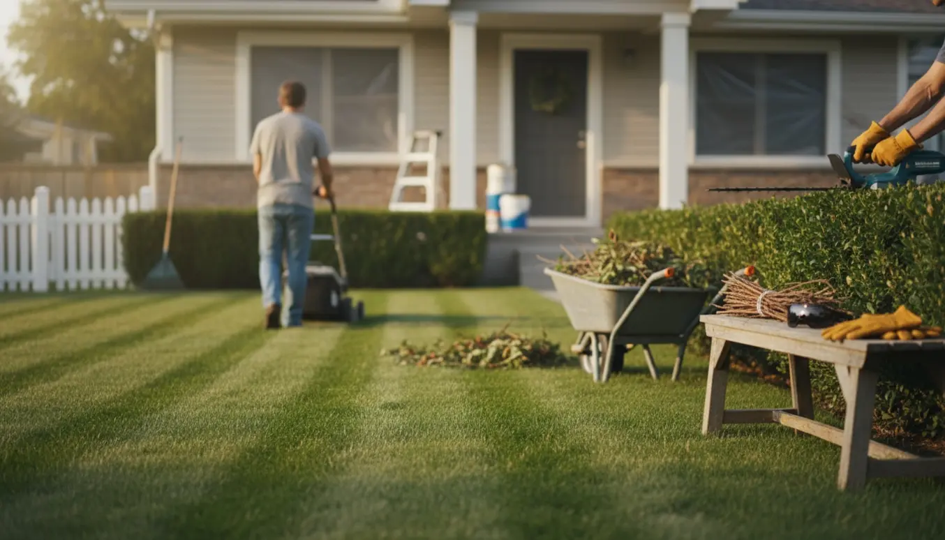 Person skubber plæneklipper forbi nyslået græs og en nyskåret hæk ved et hus.