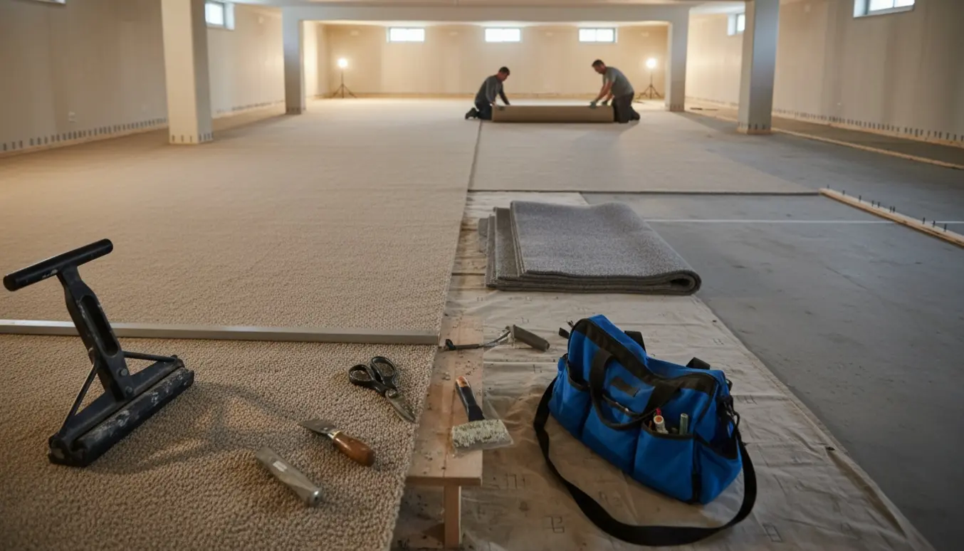 Kælder med gulvtæppe under montering: tæppe rulles ud og fæstes langs kanterne.