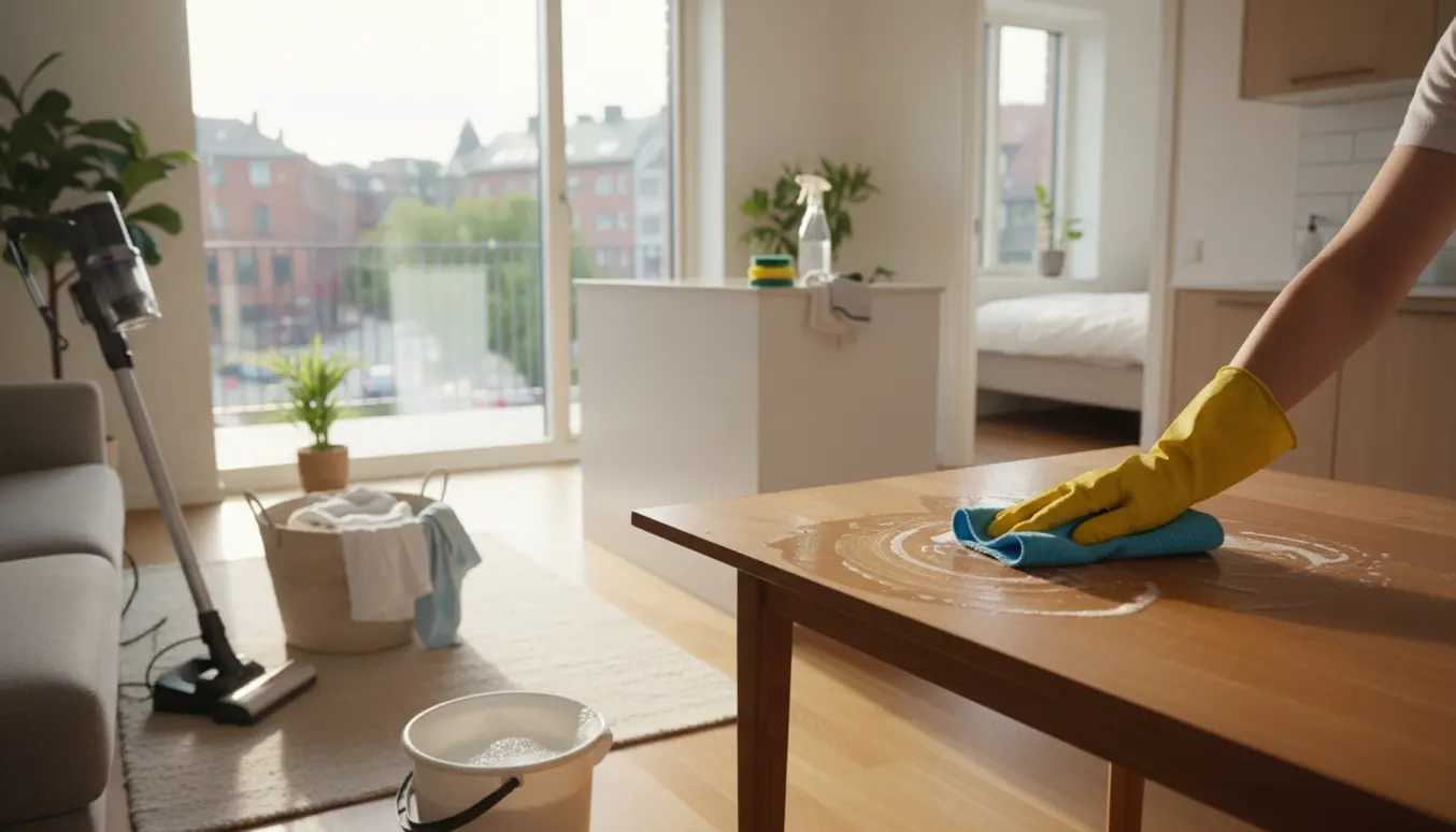 Lys skandinavisk lejlighed under rengøring med hænder i gummihandsker, moppe, støvsuger og rengøringsmidler.
