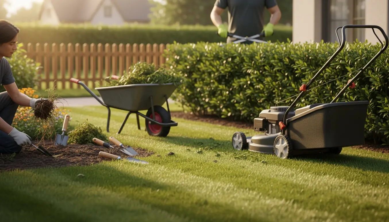 Solbelyst have med nyslået græs, en nypudset hæk og hænder, der fjerner ukrudt.