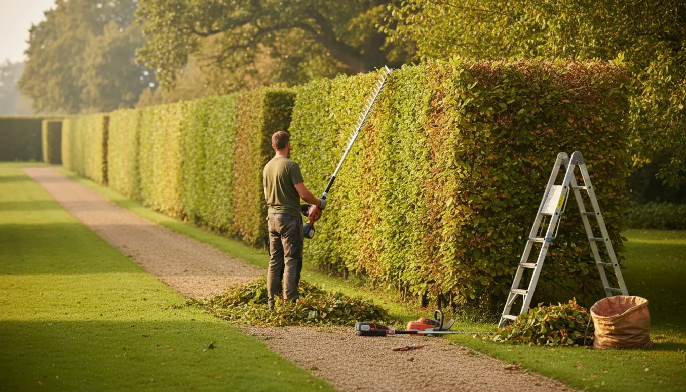 Lang bøgehæk langs en havesti, nyklippet i sider og top med haveredskaber i forgrunden.