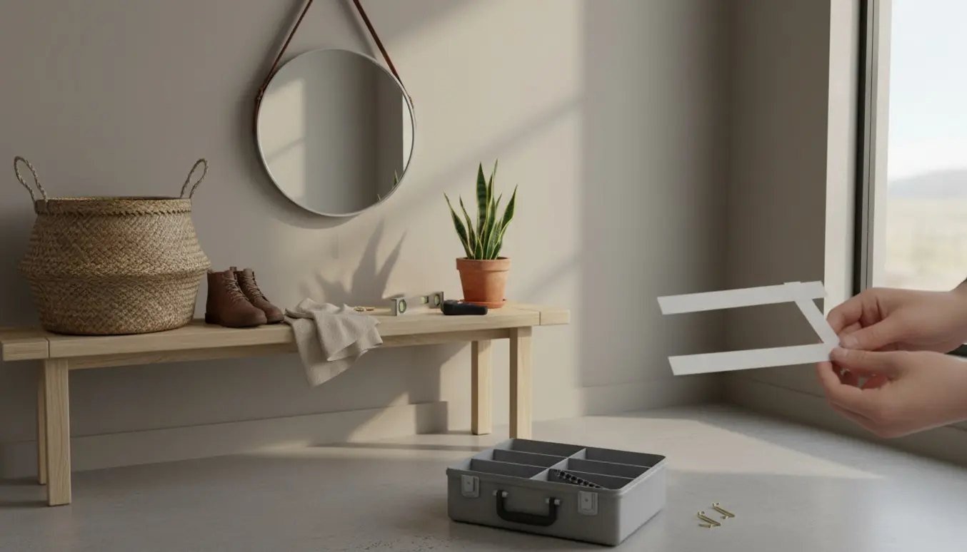 Et indbydende entre med et rundt spejl på læderstrop og værktøj, klar til at blive hængt op uden skruer eller boremaskine.