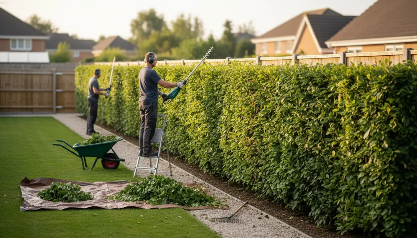 Bøgehæk på cirka 180 cm bliver beskåret på indvendig og udvendig side samt i toppen.