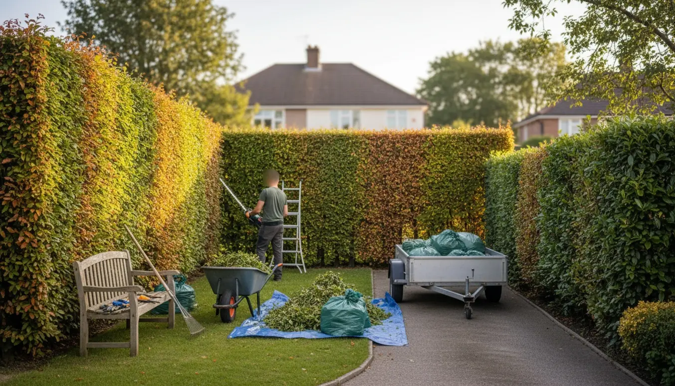 Person filmer fra ryggen mens hæk trimmes i parcelhushave med opsamlede trimmere i trillebør og klar afhentning.