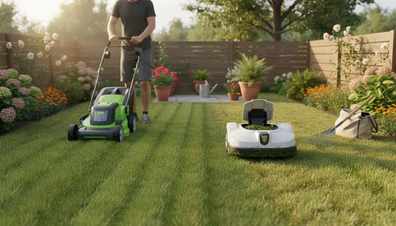 En lille baghave hvor en person slår græs med en push-plæneklipper, mens en robotplæneklipper står ude af drift.