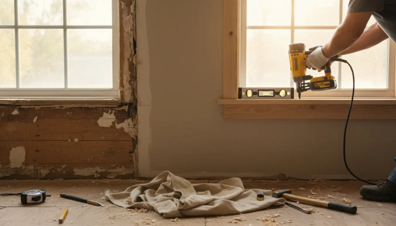 Hænder monterer nye trælister omkring to faste vinduer i et lyst rum.