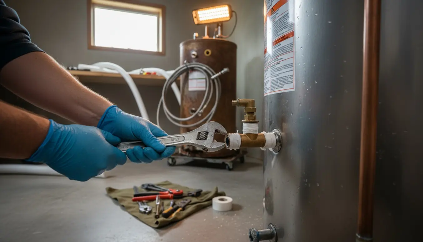 Handskerede hænder forbinder kobberrør til en ny rustfri varmtvandsbeholder i et teknikrum med værktøj og den gamle beholder i baggrunden.
