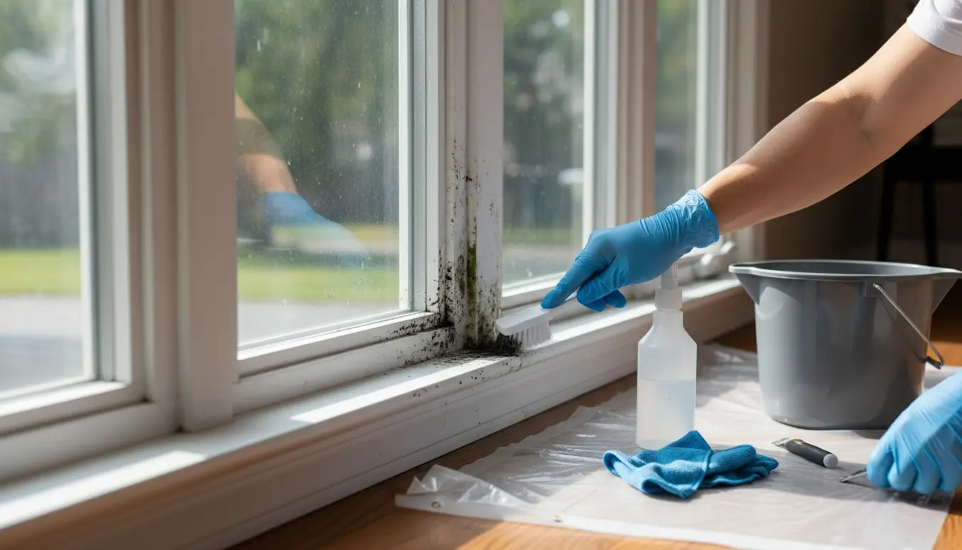 Tre vinduespartier renses for skimmelsvamp med handsker, børste og klud.