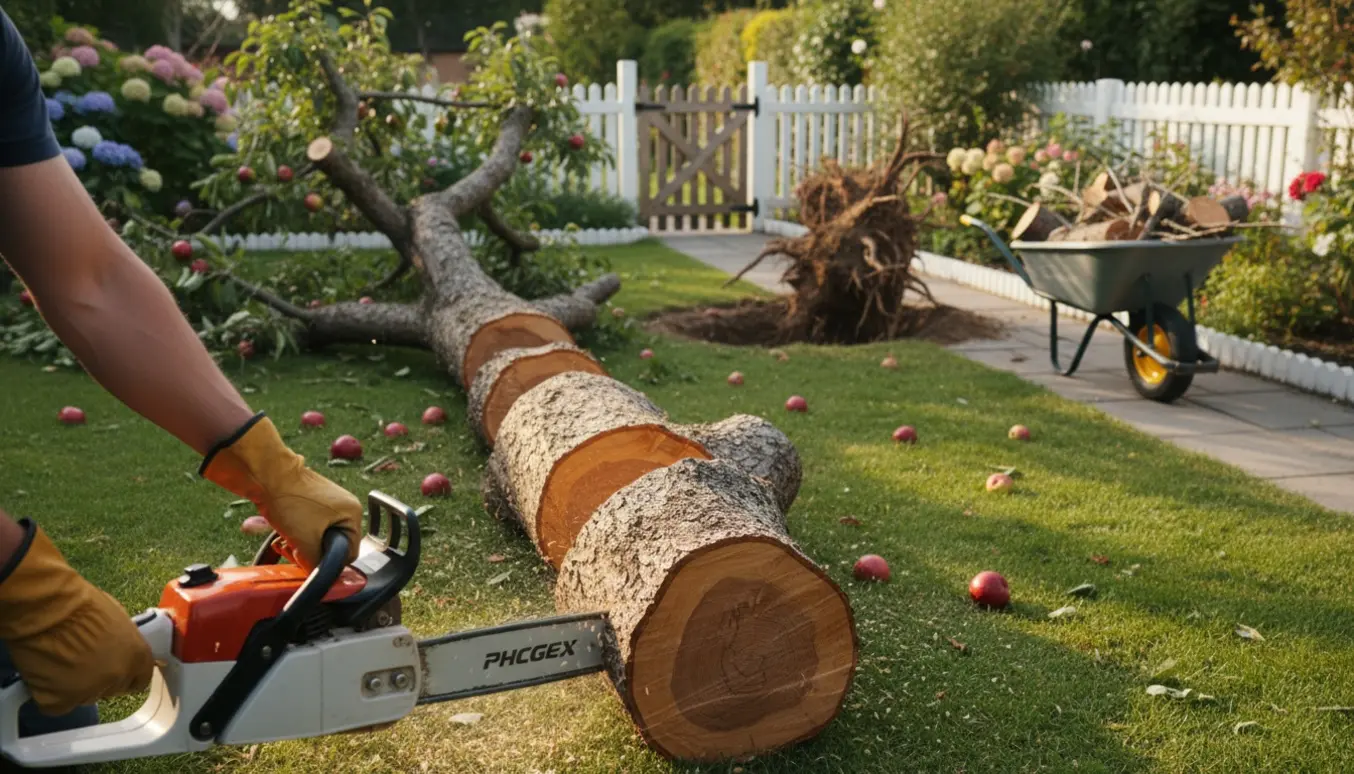 Faldet æbletræ i have med stammen skåret i sektioner og en rodstub ved at blive fjernet.