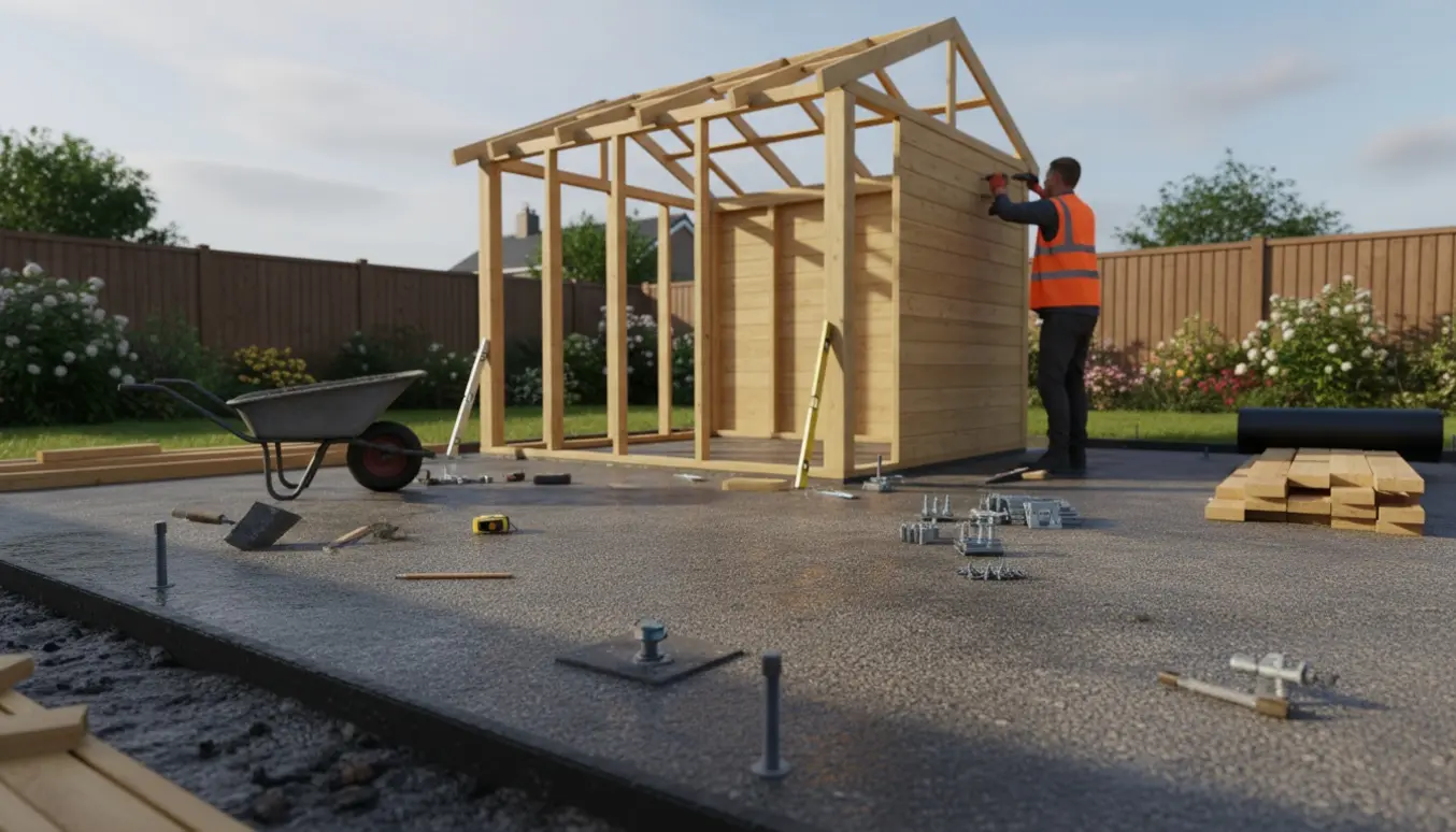 Opførelse af et træredskabsrum på støbt betonfundament med værktøj og tag under montering.