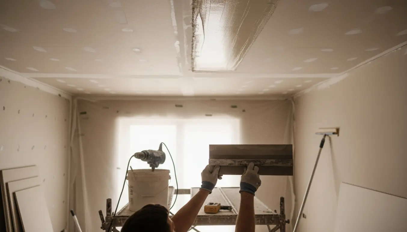 Nærbillede af spartling og filting af nyt gipsloft med værktøj og materialer i et lyst rum.