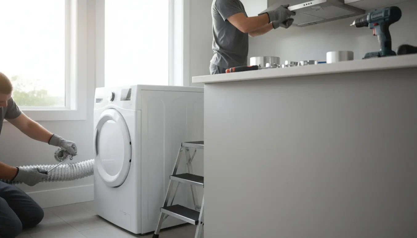 Hænder forbinder tørretumblerens aftræksslange og monterer aftræk til emhætte i et lyst bryggers/køkken.