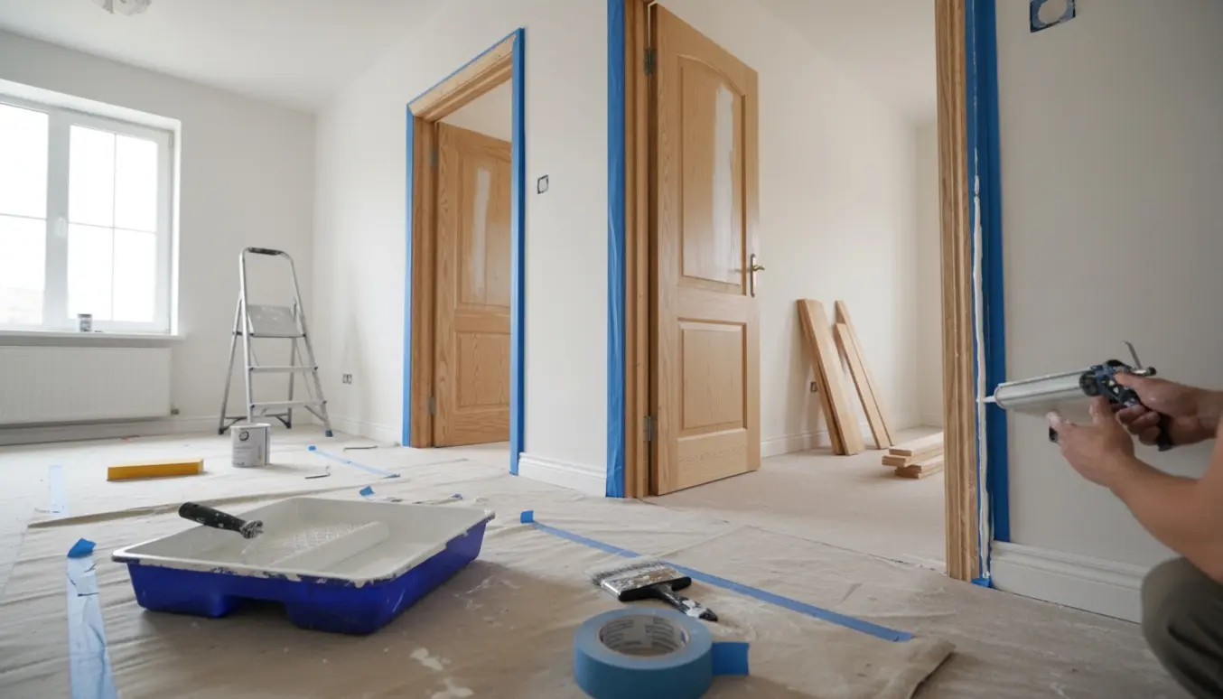 Indendørs renovering med fugearbejde, maling af døre og paneler samt klar-til-montering fodpaneler.