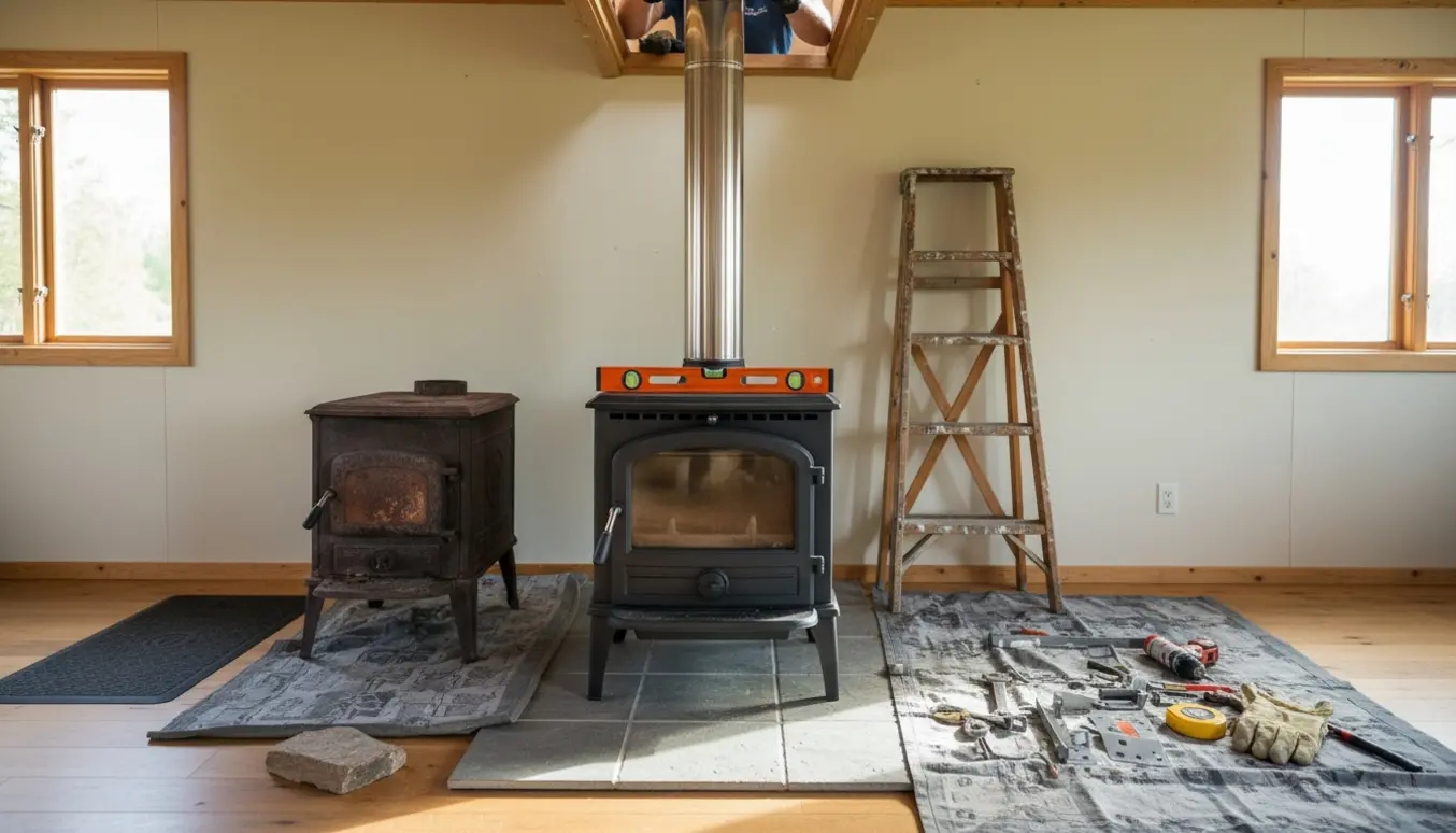 Ny brændeovn skubbes ind under et løftet skorstensrør gennem et åbent loftslem i et etplans sommerhus.