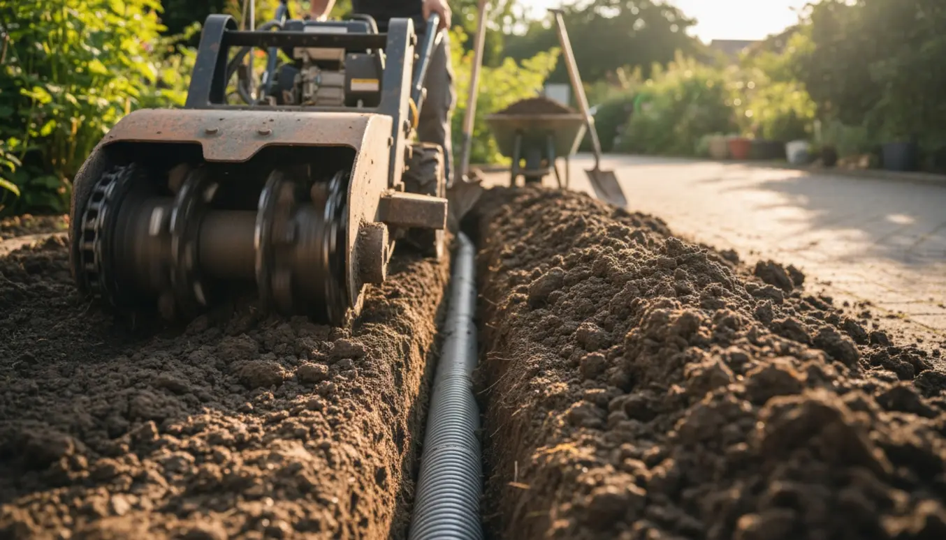Kabelfræser skærer en rille i våd jord for at lede vand væk med en drænslange ved siden af.