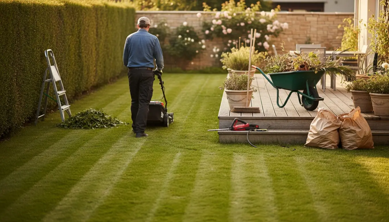 Solbelyst have med halvklippet græs, nyslået kant, redskaber og trillebør fyldt med haveaffald.
