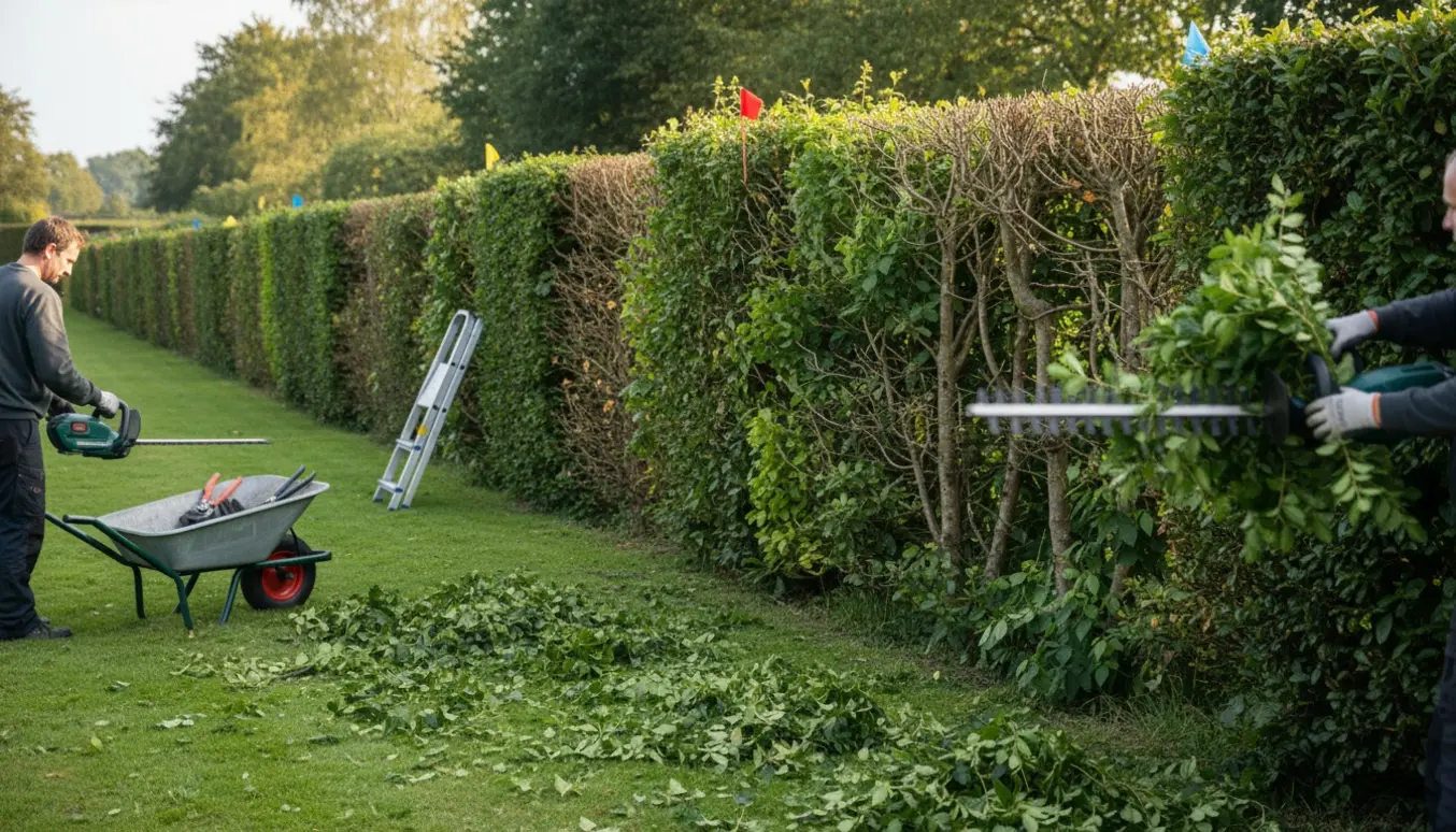 Lang havehæk i varierende højder og tynde partier, hvor en havemand trimmer den med en elektrisk hækkeklipper.