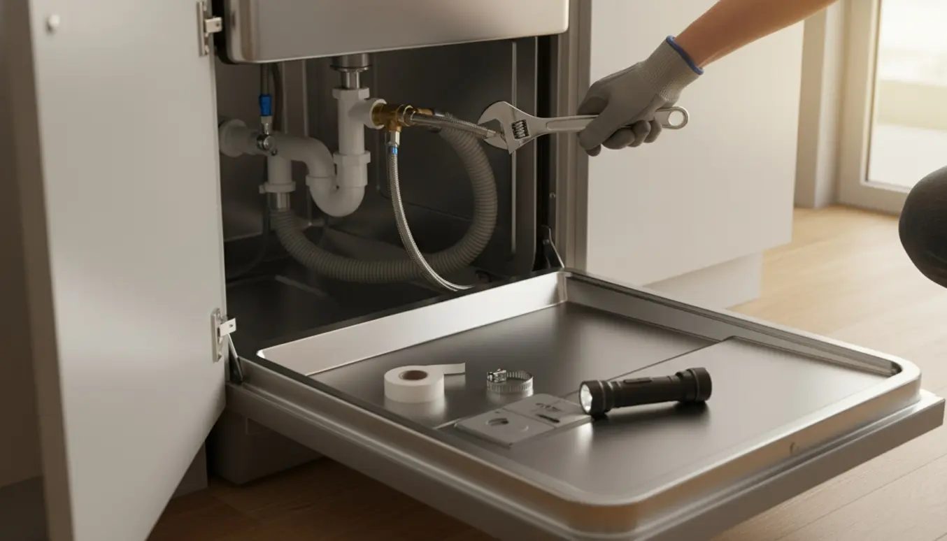 Hænder fra en VVS'er tilslutter opvaskemaskinens vand- og afløbsslanger under køkkenvasken med værktøj og rør synlige.