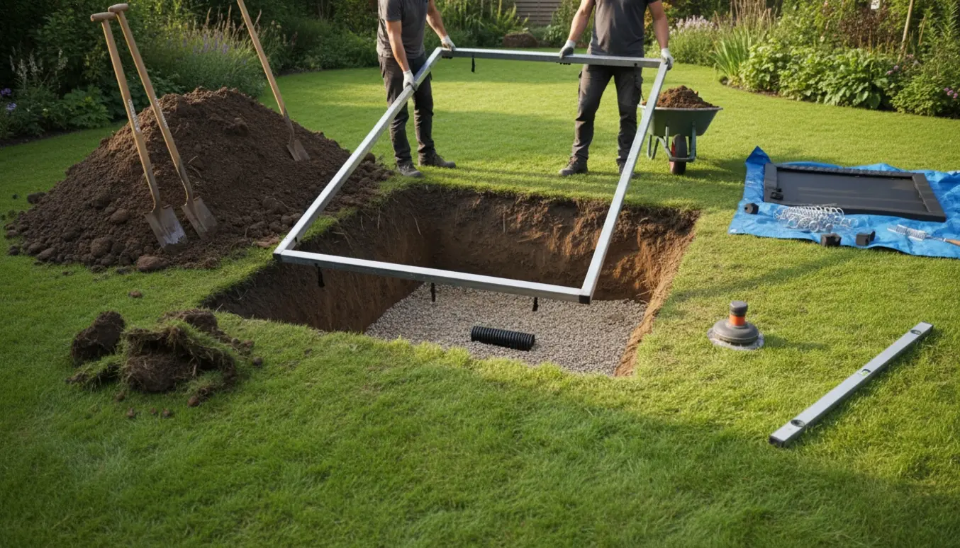 Nedgravningsprojekt med rektangulært hul, trampolineramme sænkes ned og værktøj på græsplænen.