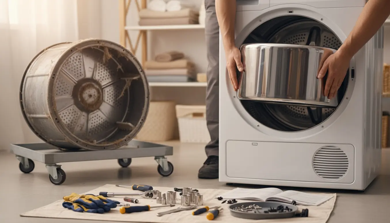 Tekniker uden synligt ansigt installerer en ny tørretromle i en tørretumbler i et lyst vaskerum med værktøj og den gamle tromle ved siden af.