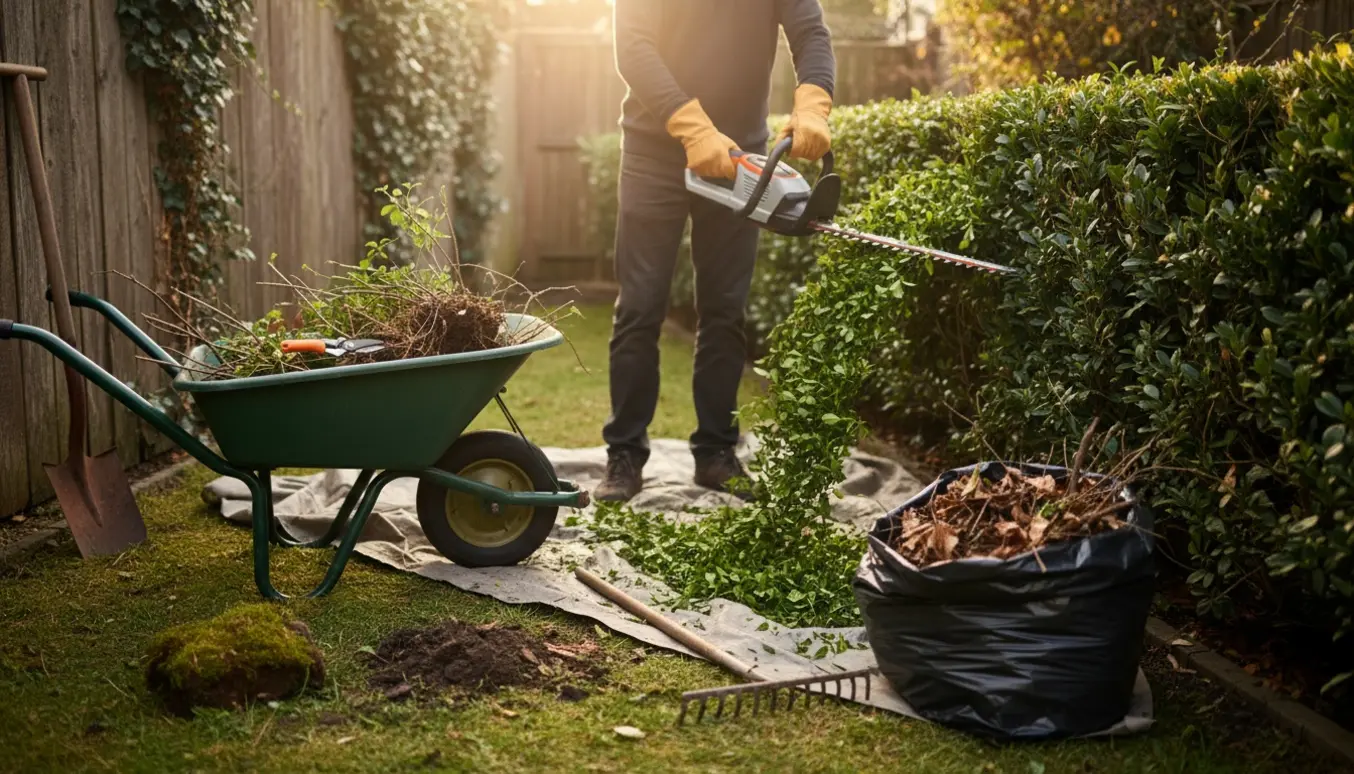 Lille baghave under oprydning med hæk, rive og vogn fyldt med afklip og mos.