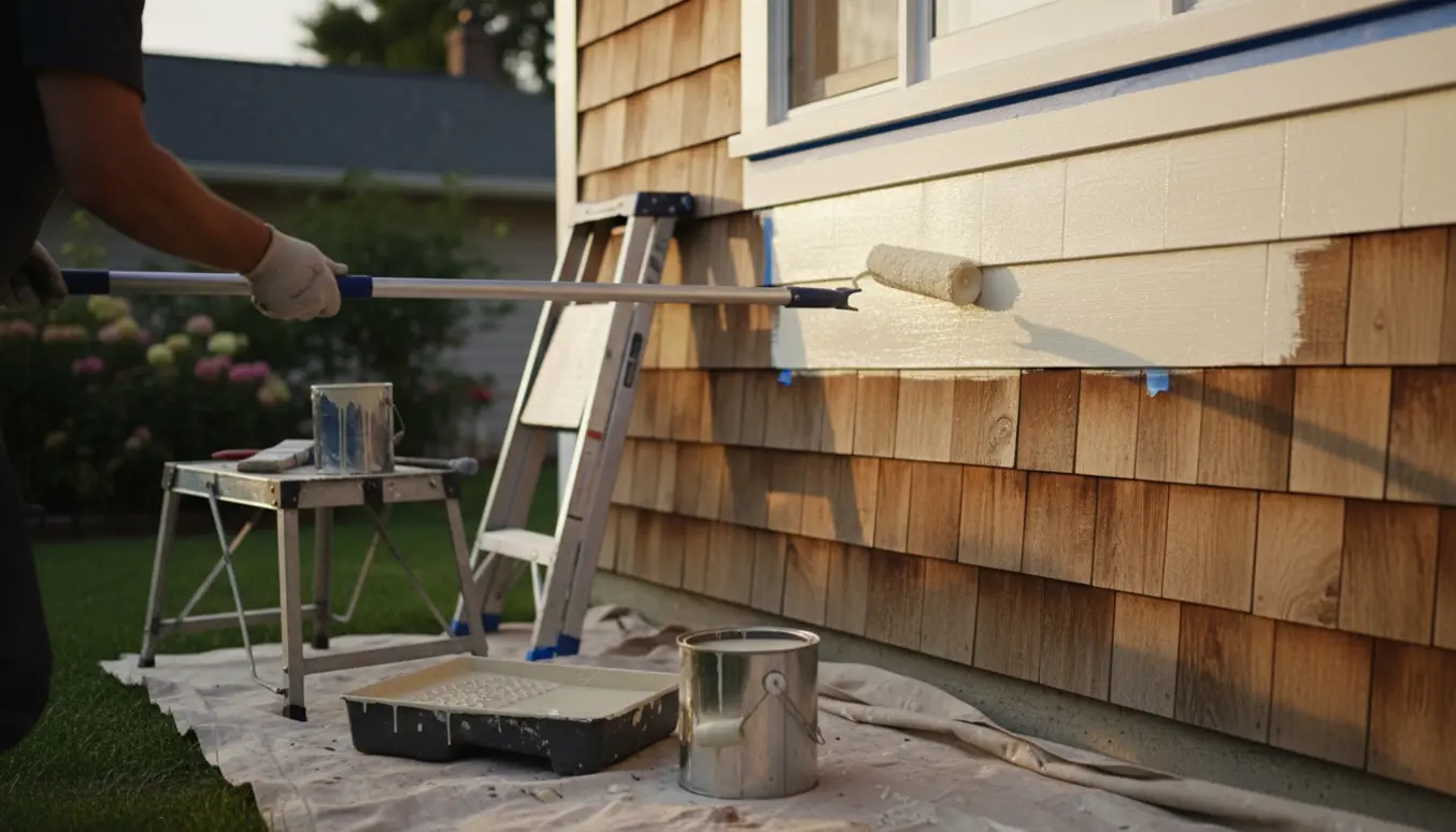 Nærbillede af husfacade under maling med rulle, malerspand og afdækningsdug i blødt eftermiddagslys.