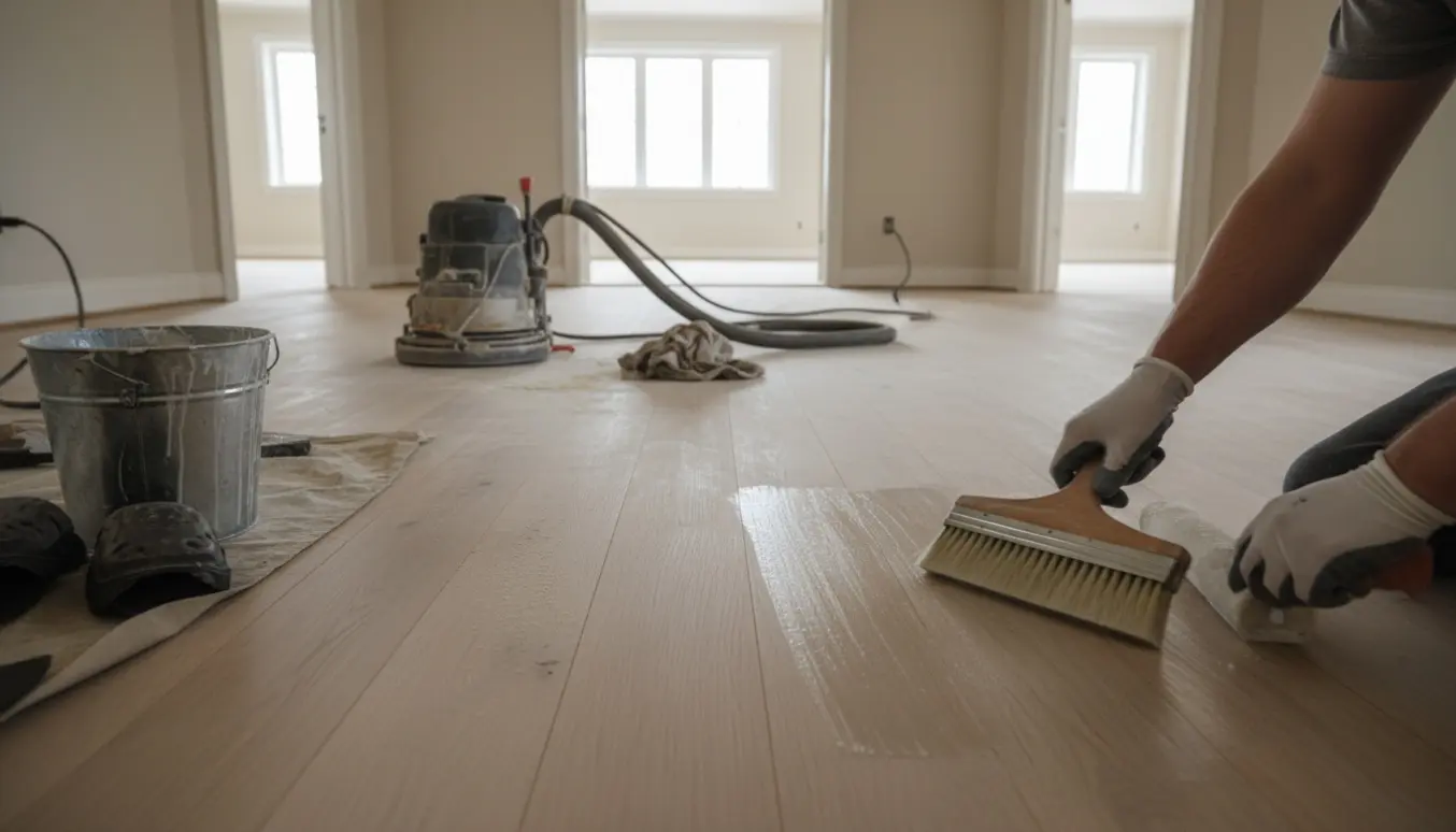 Hænder i handsker påfører hvid lud og sæbevand på nyslebne trægulve i et lyst rum med gulvsliber i baggrunden.