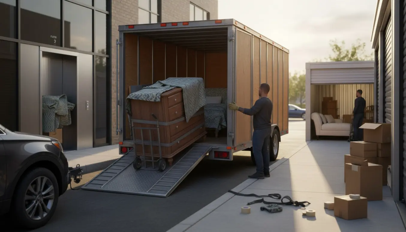 Flytning af store møbler: tæppeindpakkede møbler læsses fra trailer og bæres ind i et opbevaringsrum.